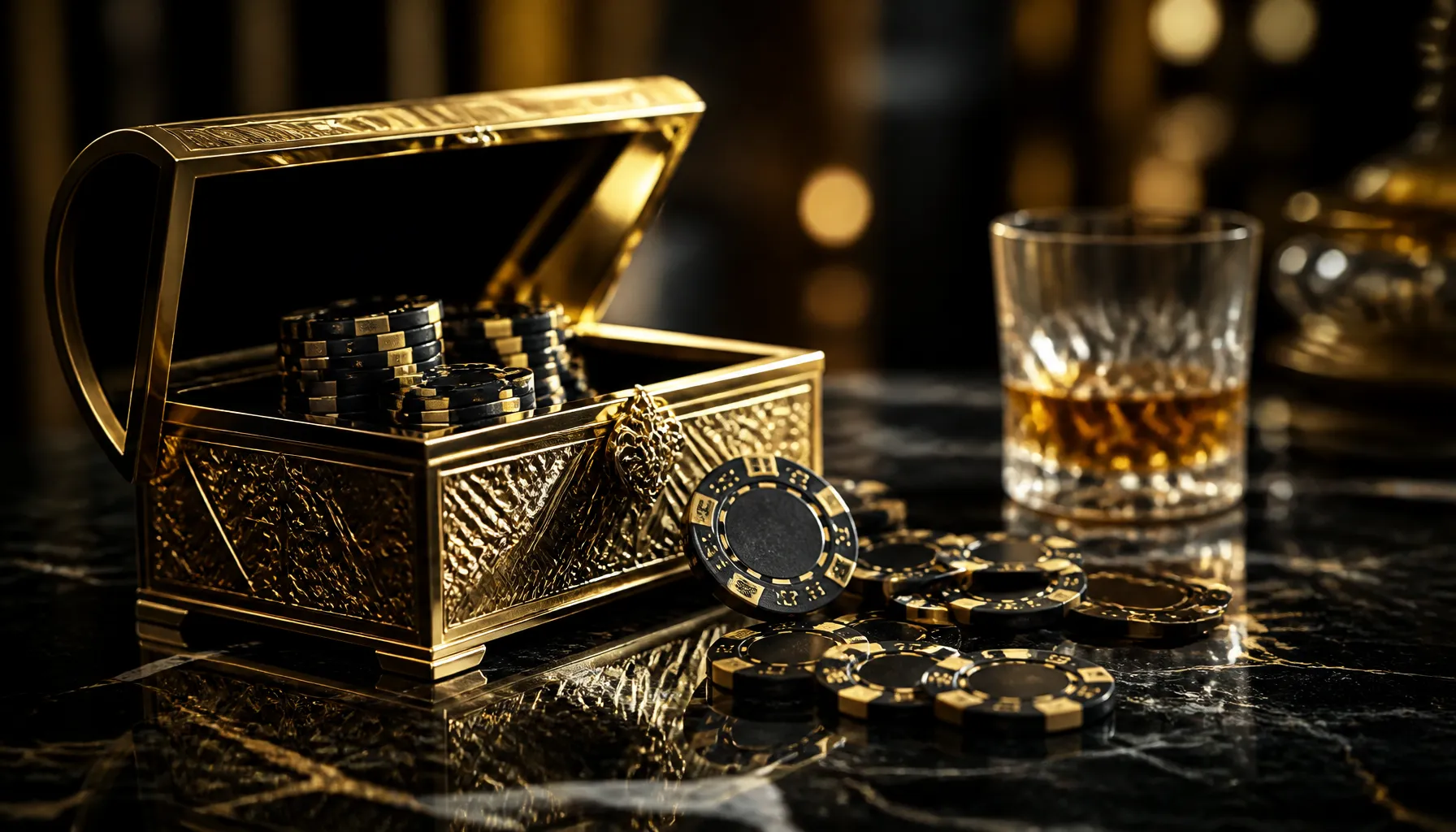 Cinematic close-up of gleaming gold coins mid-spin on a dark velvet surface with dramatic warm bokeh lighting